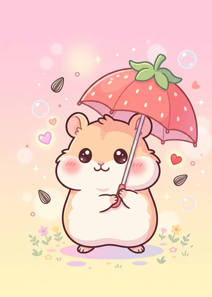 Cute Hamster with Strawberry Umbrella