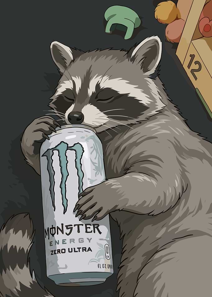Raccoon Hugging Monster Energy Drink