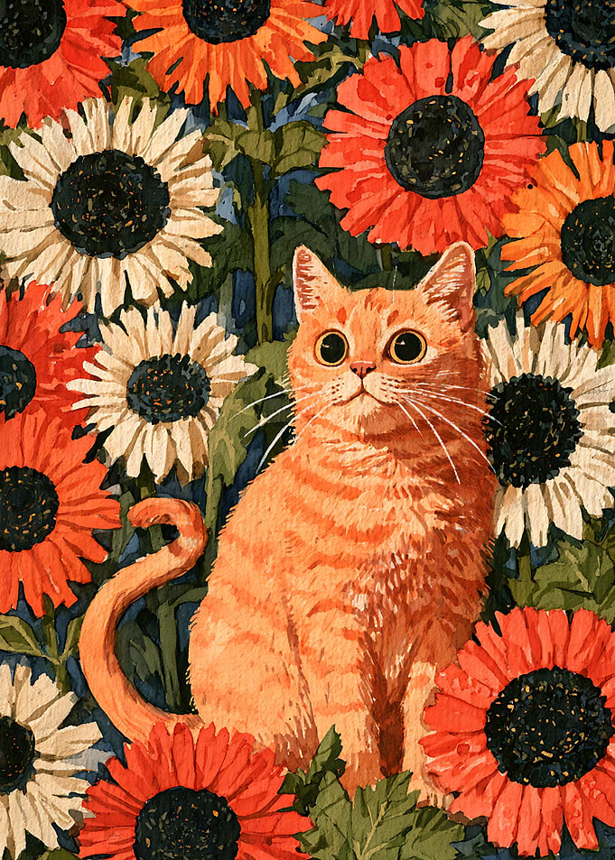 Orange Tabby Cat Among Sunflowers