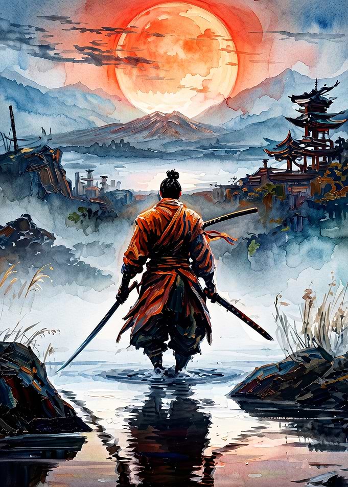 Samurai Warrior Moon Watercolor Art