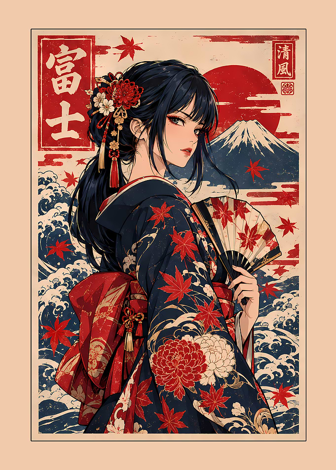 Anime Girl in Kimono with Mount Fuji