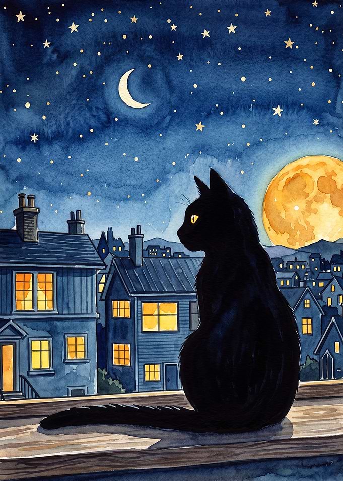 Black Cat Rooftop Watercolor Art