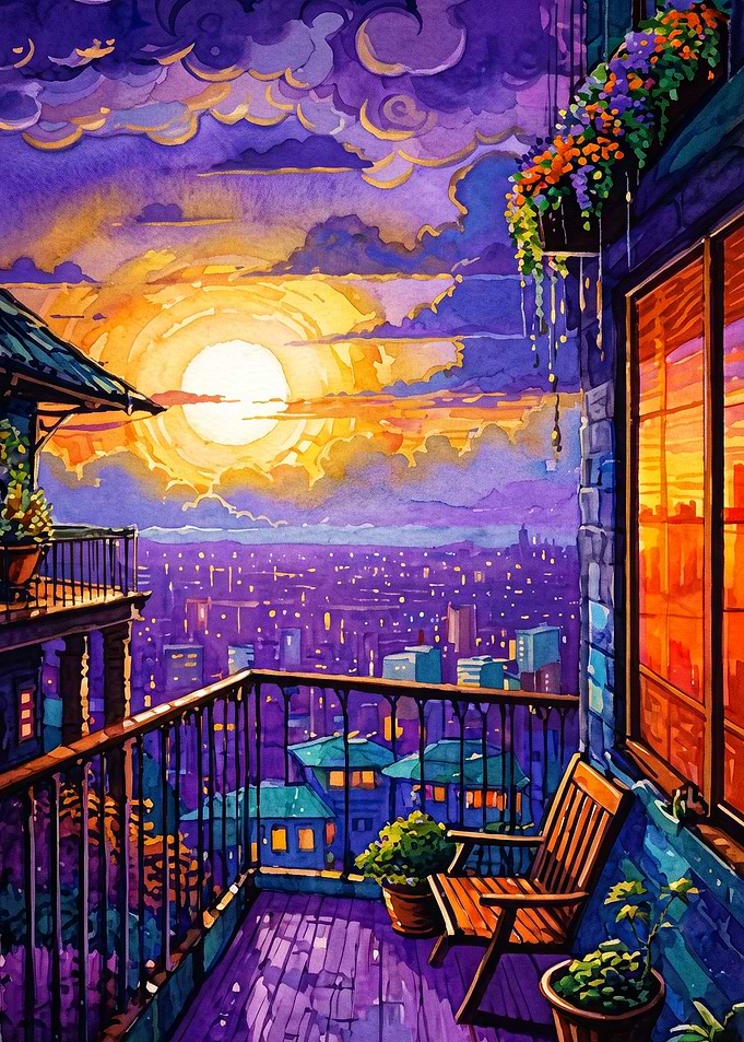 Sunset City Balcony Watercolor Art