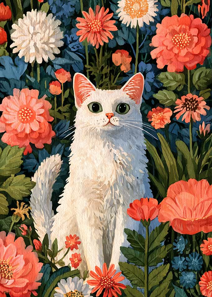 White Cat in Floral Garden