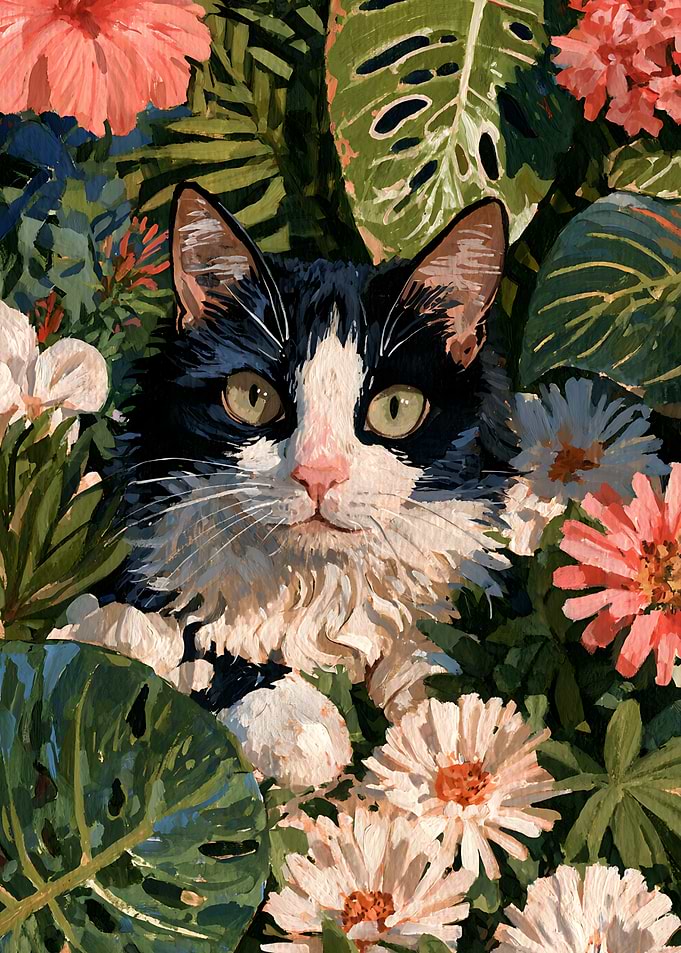 Cat Peeking Through Tropical Flowers