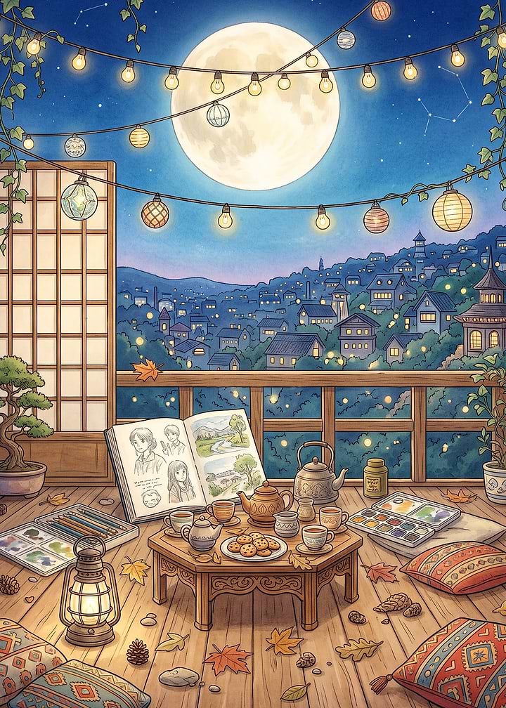 Cozy Balcony Moonlight Anime Art