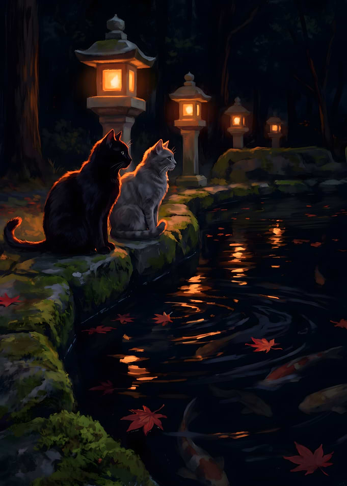 Two Cats by a Japanese Pond