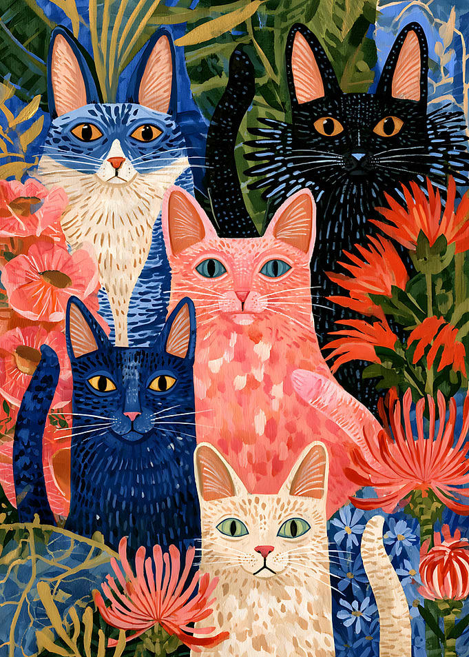 Colorful Cats in a Floral Garden