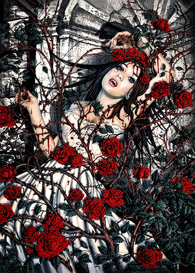Gothic Woman Trapped in Rose Thorns