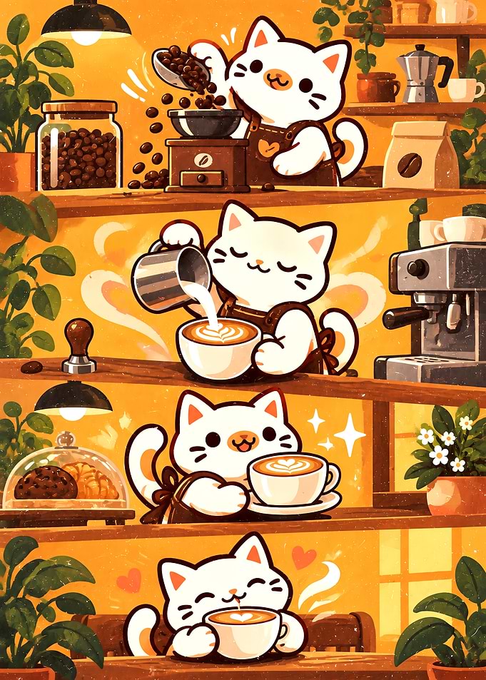 Cute Cat Barista Coffee Making Process