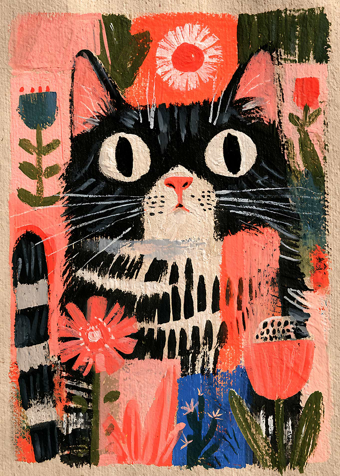 Whimsical Black Cat Floral Portrait