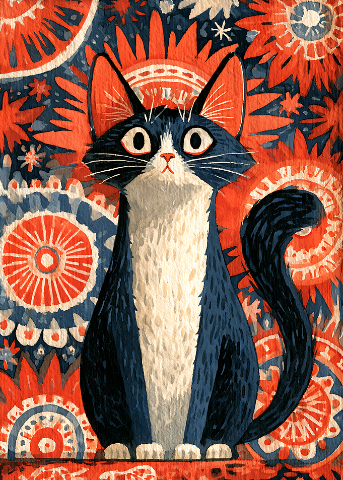 Whimsical Tuxedo Cat Folk Art Portrait