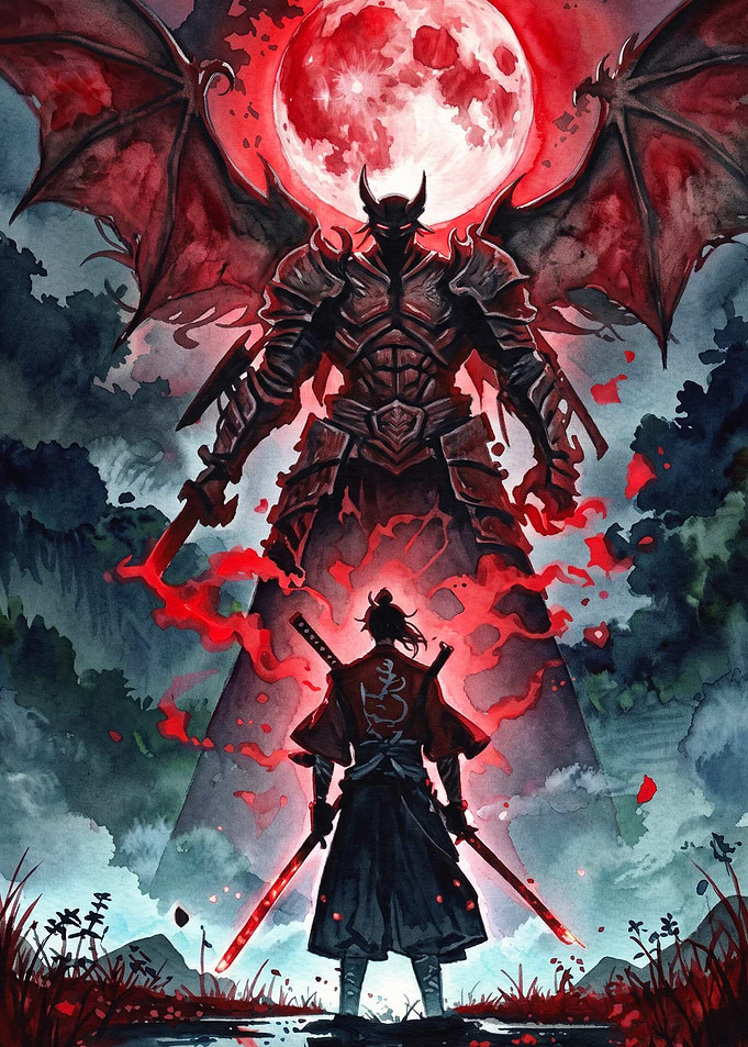 Demon Samurai Blood Moon Dark Art