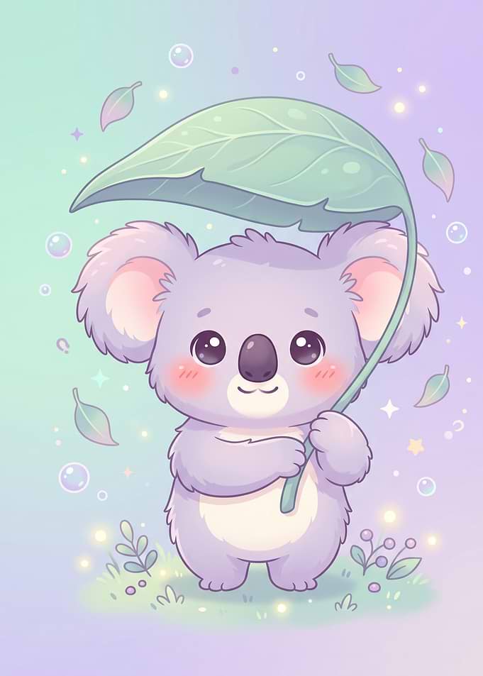 Cute Koala Holding a Leaf Umbrella