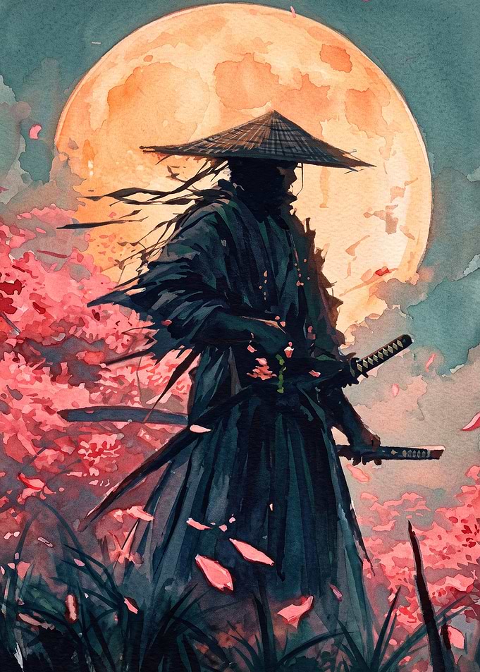 Samurai Moon Blossom Watercolor Art