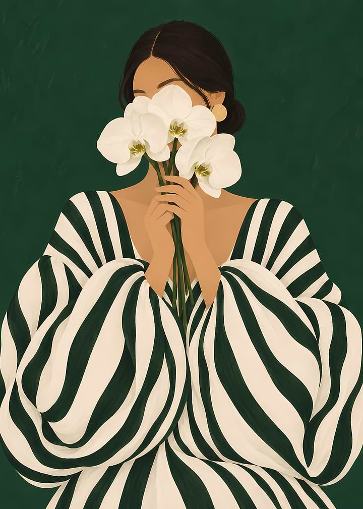 Woman Holding White Orchids Illustration