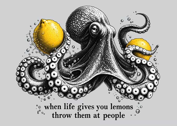 Octopus Throwing Lemons Funny Illustration