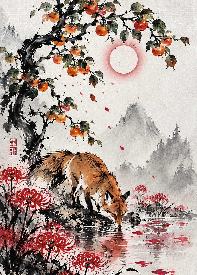 Fox Drinking by Persimmon Tree