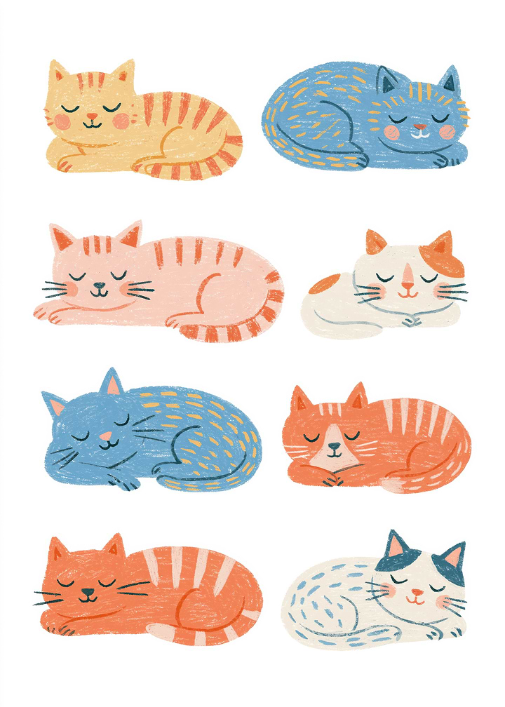 Set of Eight Sleeping Cats Illustration