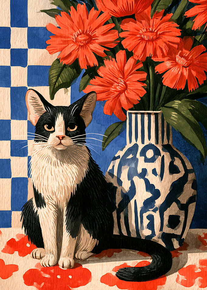 Tuxedo Cat Beside Floral Vase