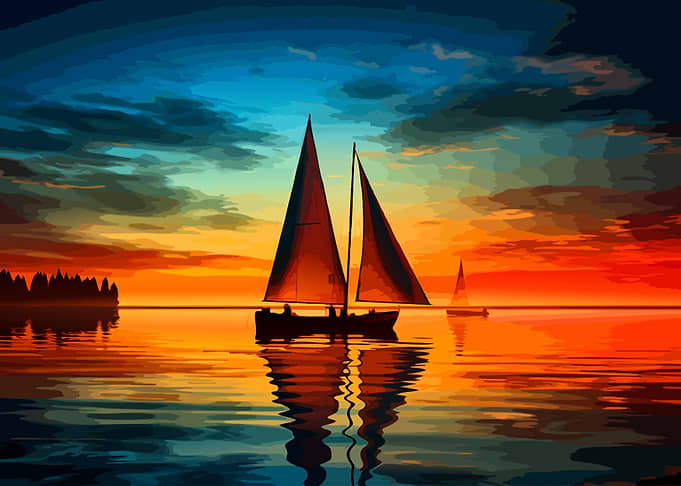 Sailboats at Sunset on Calm Water