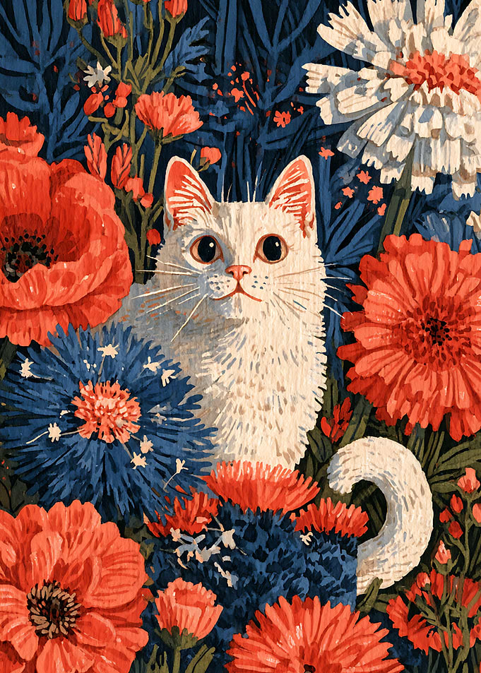 White Cat in Floral Garden