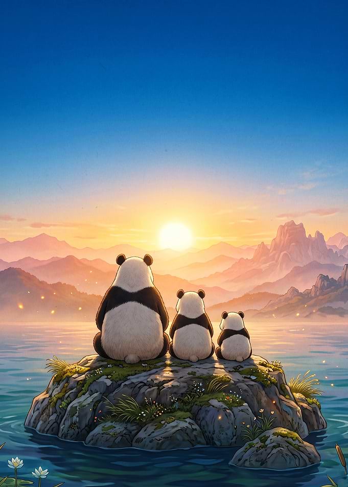 Panda Family Sunset Anime Poster