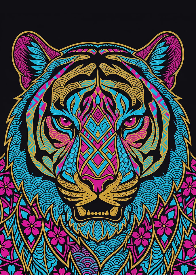 Neon Seigaiha Tiger - Japanese Tigar Face Art