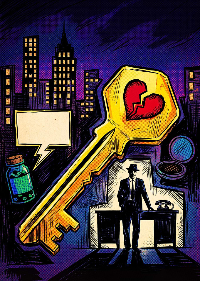 Noir Detective with Broken Heart Key