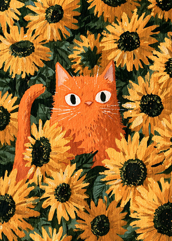 Orange Cat in Sunflower Field