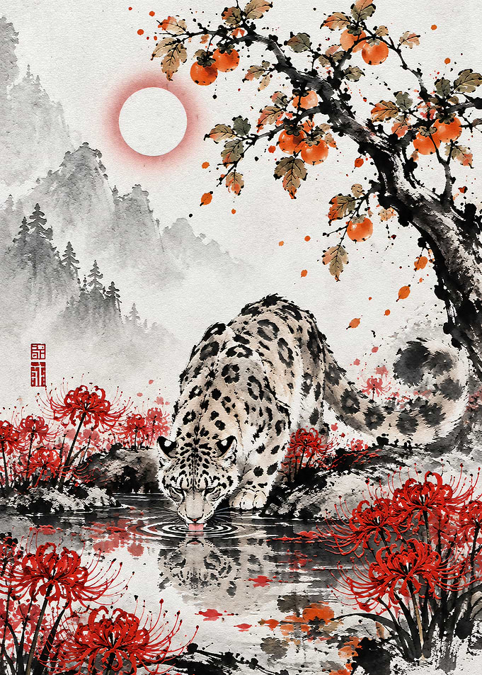 Snow Leopard Drinking by Red Flowers