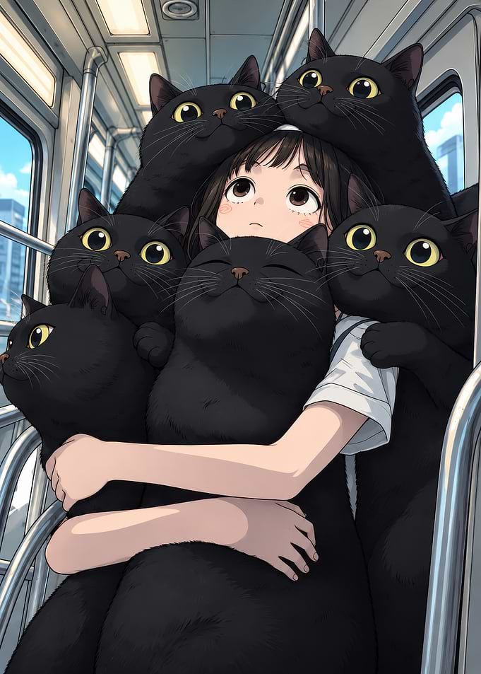 Girl Hugging Many Black Cats