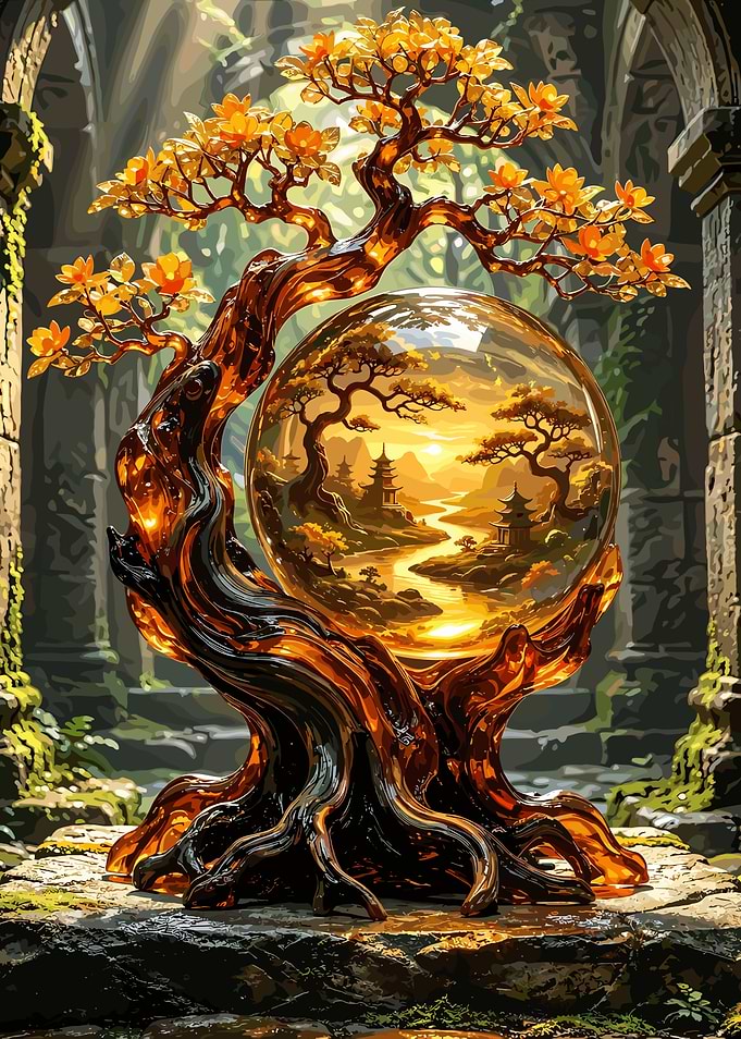 Golden Bonsai Crystal Sphere Fantasy Art