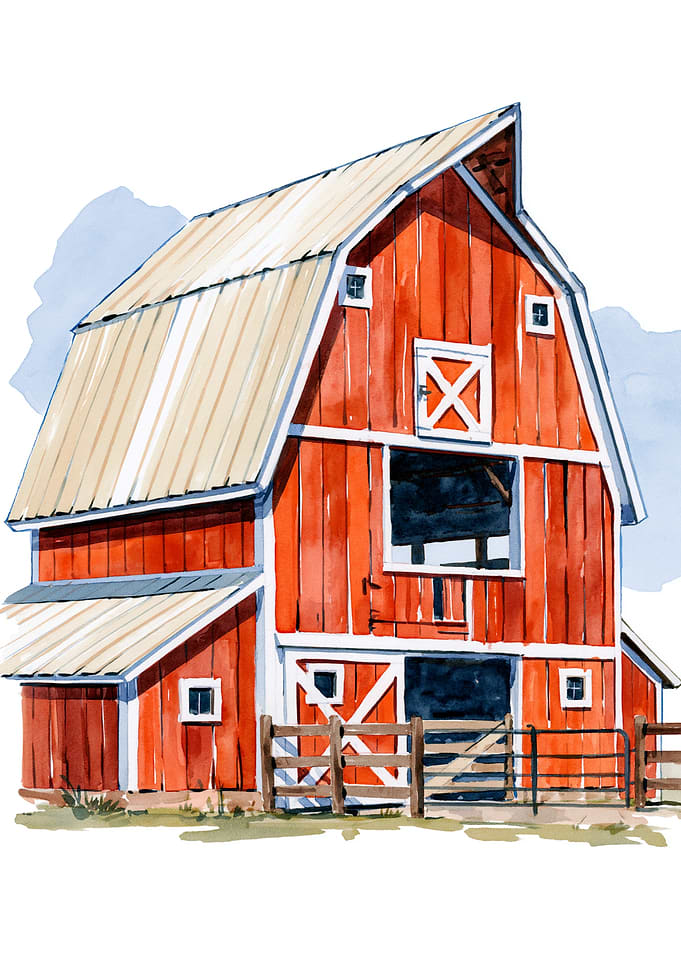 Watercolor Illustration of a Red Barn