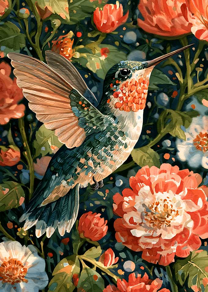 Hummingbird Amidst Vibrant Floral Garden