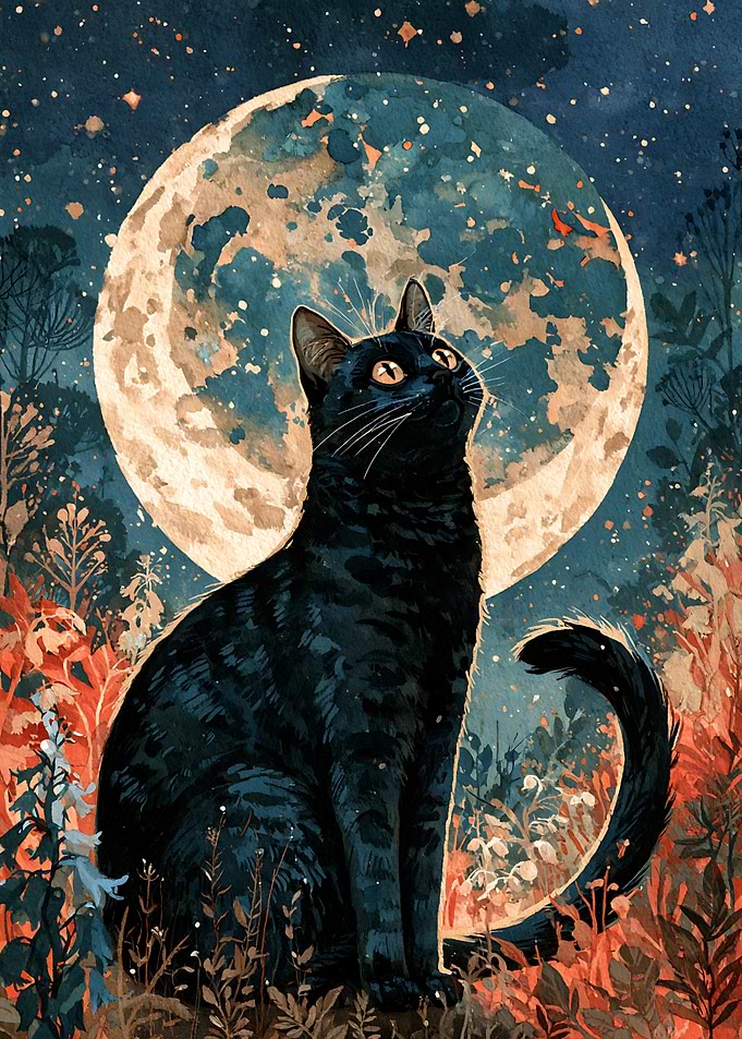 Black Cat Under Full Moon