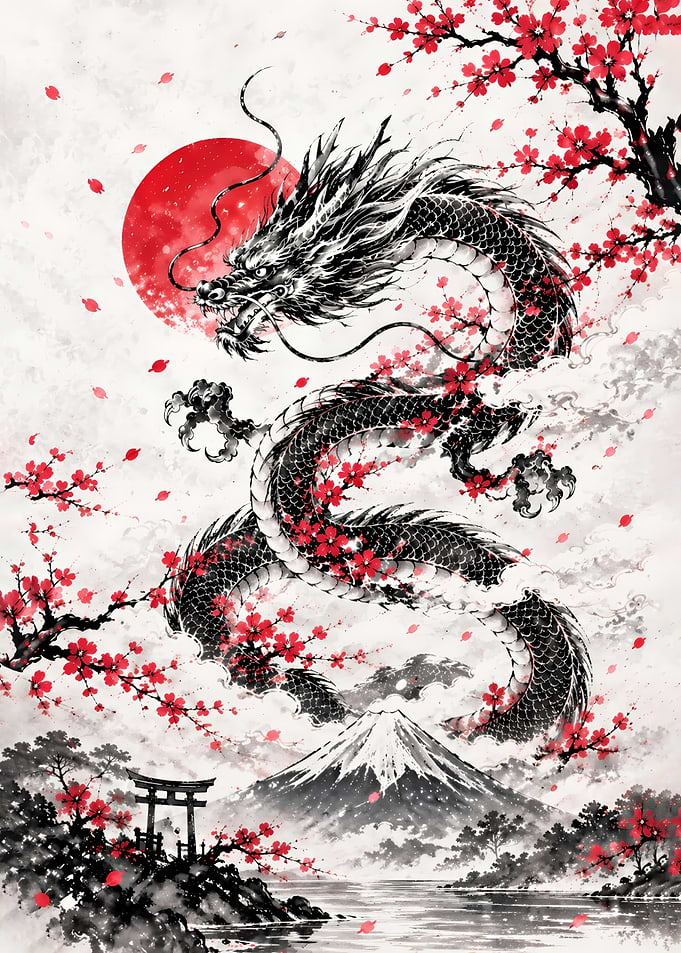 Japanese Dragon with Mount Fuji