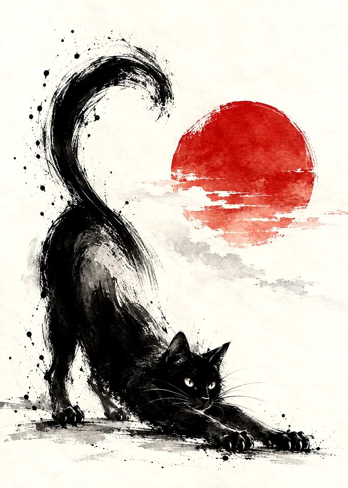 Black Cat Stretching Under Red Sun