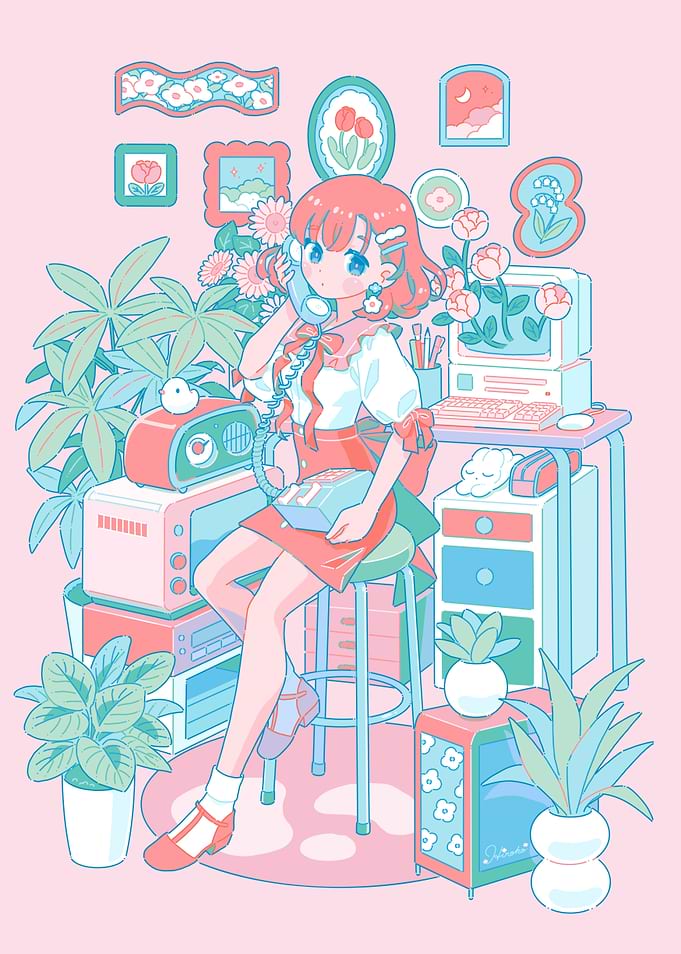 Cute Anime Girl in Retro Room