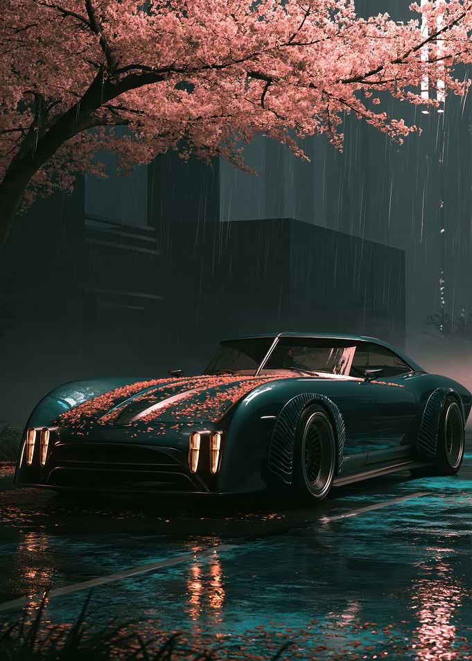 Midnight Sakura - Futuristic Sports Car Under Cherry Blossoms