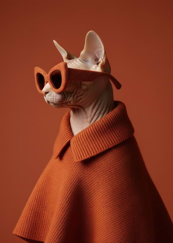 Stylish Sphynx Cat in Orange Knitwear - Wool Poncho
