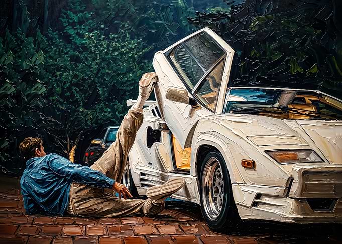 Man fell from a White sport white countach old car oil painting poster