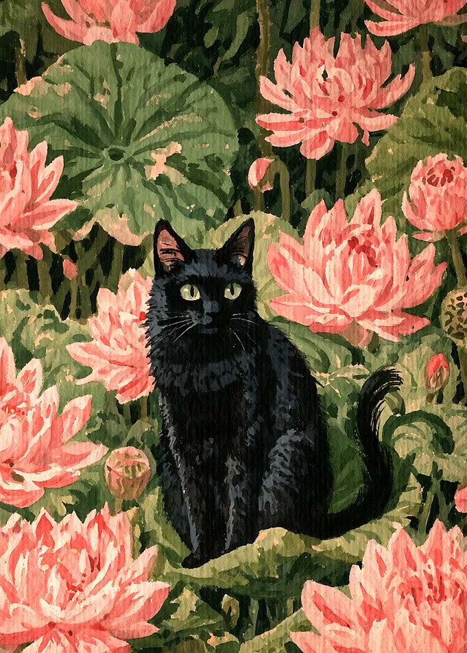 Black Cat in Lotus Garden Painting