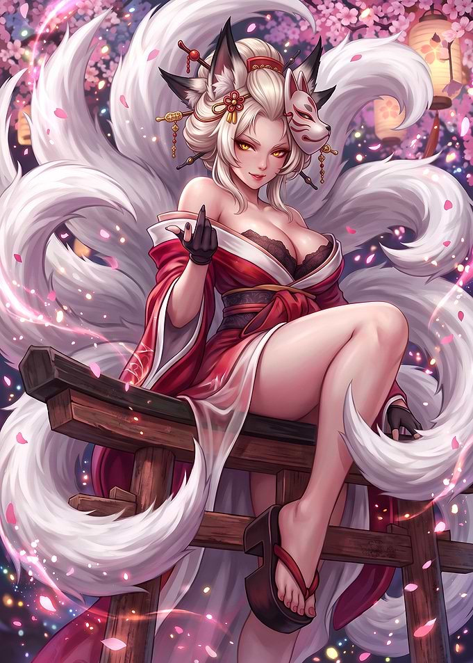 Nine Tailed Kitsune Under Sakura Blossoms