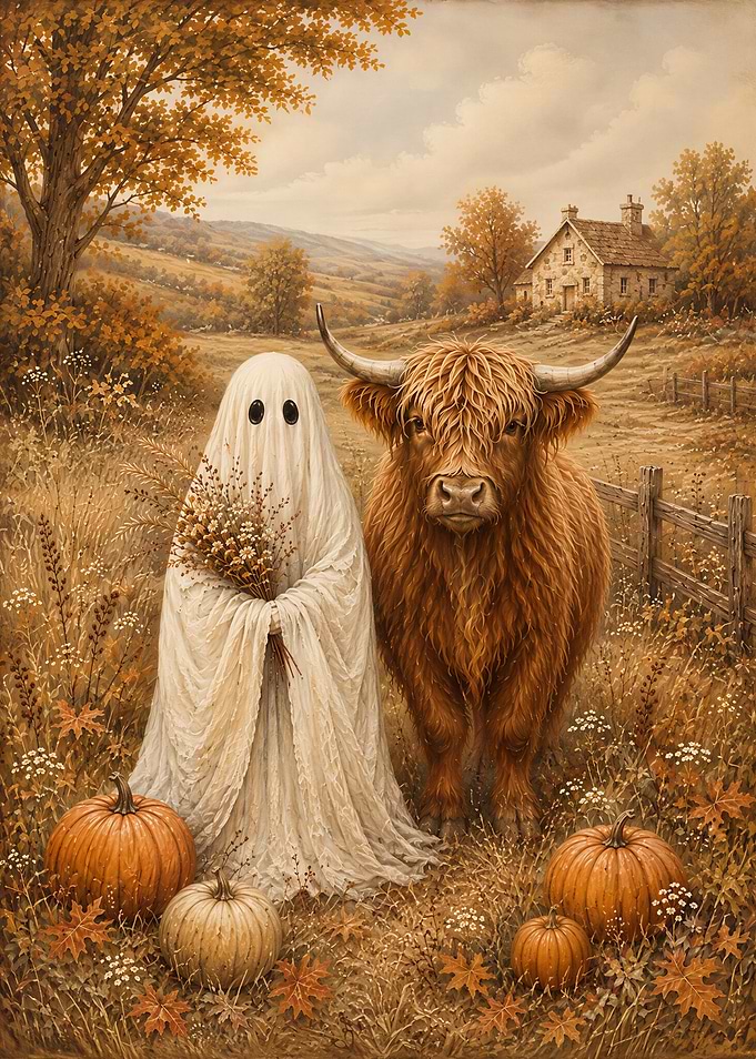 Ghost and Highland Cow Autumn Scene Halloween