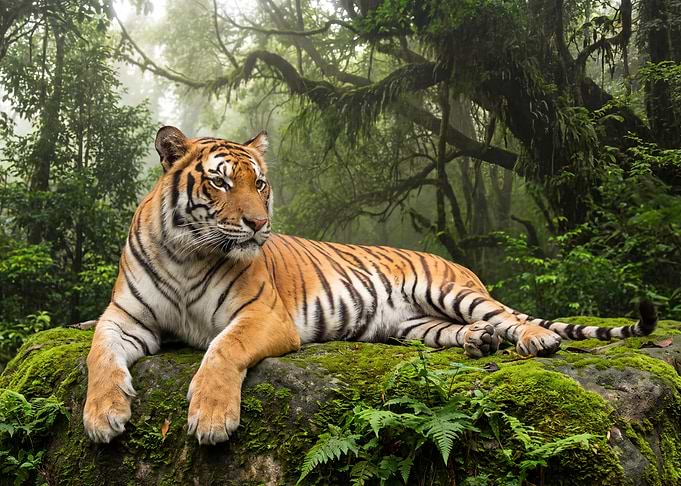 Majestic Tiger Resting in Misty Jungle