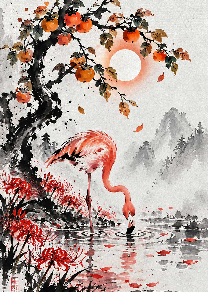 Flamingo and Persimmon Tree Ink Wash