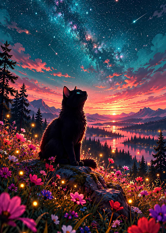 Black Cat Under Starry Night Sky