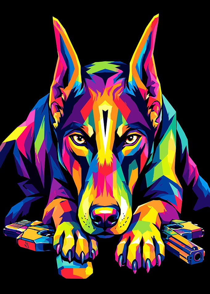 Colorful Pop Art Doberman with Guns