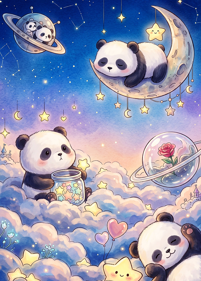 Cute Panda Space Watercolor Art